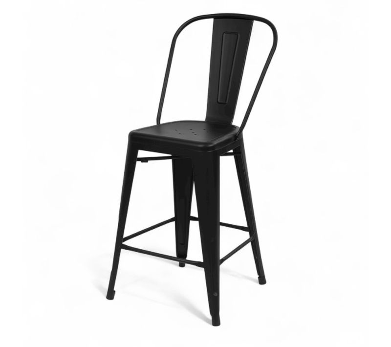 Chaise De Bar Industrielle En Métal Noir Mat Avec Dossier – Hauteur Assise 66 Cm – Style Vintage Et