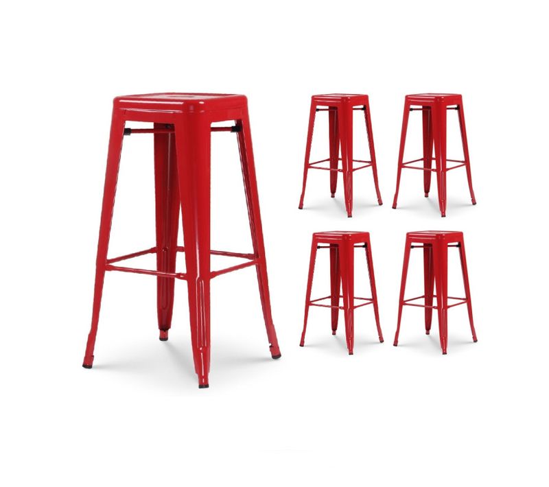 Lot De 4 Tabourets De Bar En Métal Rouge Brillant Style Industriel - Sans Dossier - Hauteur 76 Cm