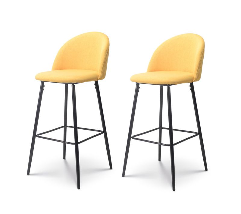 Lot De 2 Chaises De Bar Design Moderne Avec Dossier – Tabouret Haut En Tissu Jaune Et Pieds Métal N