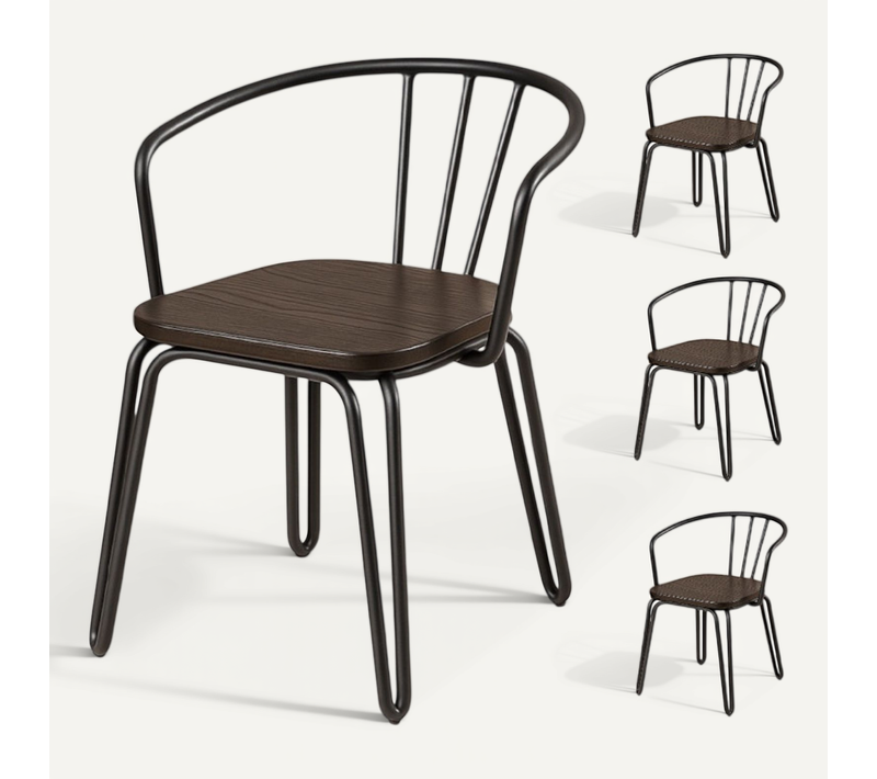 Lot De 4 Chaises En Métal Noir Mat, Bois Foncé – Pieds épingle Et Dossier Ajouré - Style Industriel