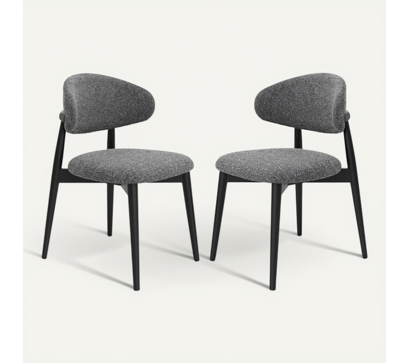 Lot De 2 Chaises Skandi En Bois Massif Noir Et Assise En Tissu Chiné Gris