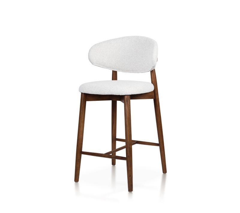 Tabouret Skandi En Bois Massif Couleur Noyer Et Assise En Tissu Chiné Beige