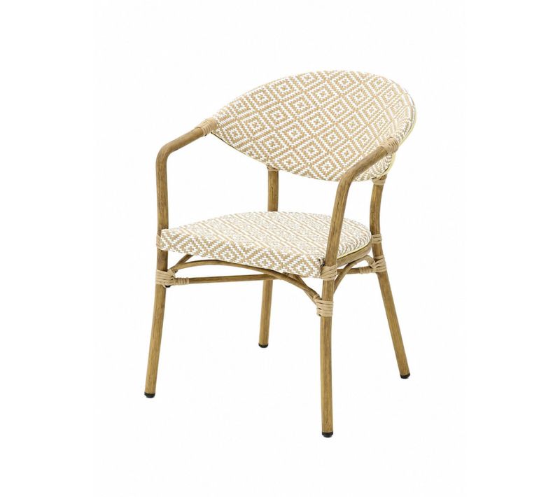 Fauteuil Bistrot Beige Extérieur Intérieur Empilable – Structure Aluminium Aspect Bambou – Tressage