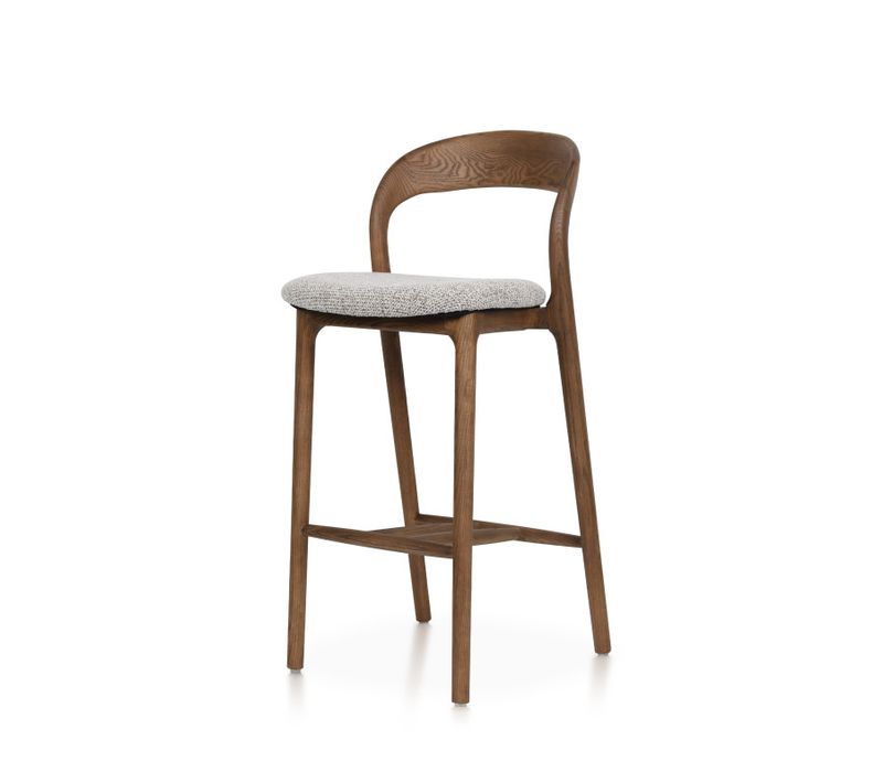 Tabouret De Bar Julia En Bois De Frêne Effet Noyer, Assise 68 Cm Rembourrée En Tissu Chiné