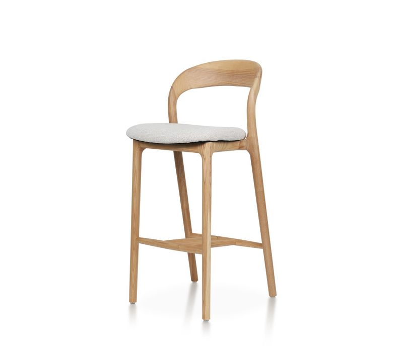Tabouret De Bar Julia En Bois De Frêne, Assise 68 Cm Rembourrée En Tissu Chiné
