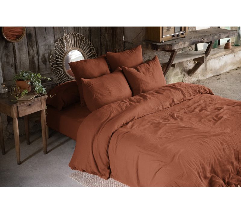 Pack Parure De Lit En Gaze De Coton 260 X 240 Cm + Drap Housse 160x200 Cm + 2 Taies 60x60 Cm -