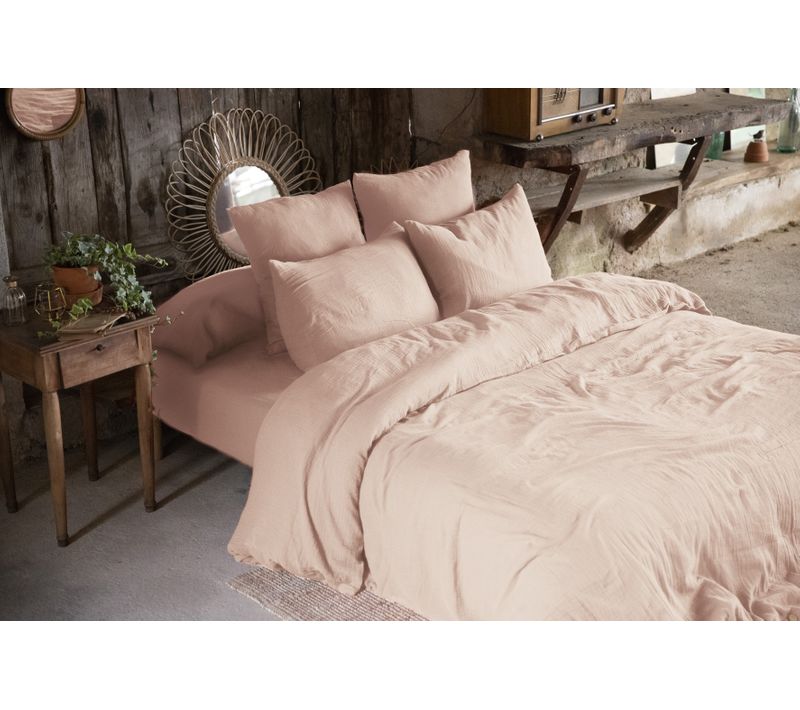 Pack Gaze De Coton Parure De Couette 260 X 240 Cm + Drap Housse 160x200 + 2 Taies 50x70 - Guimauve
