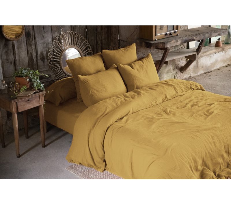 Pack Gaze De Coton – Parure De Couette 220 X 240 Cm + Drap Housse 140x190 + 2 Taies 50x70 Safran
