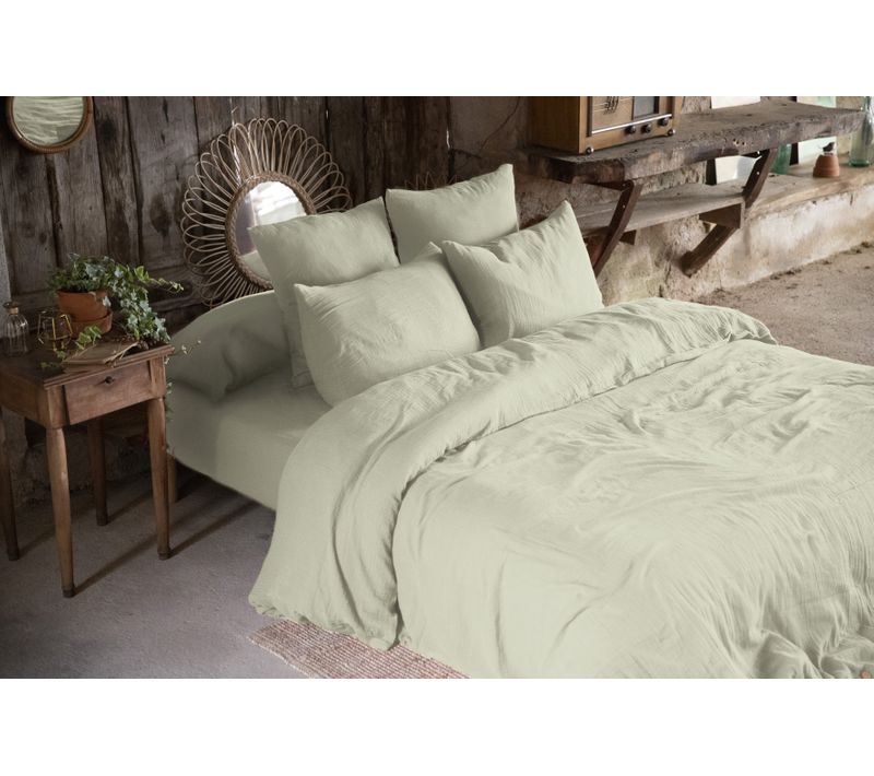 Pack Complet En Gaze De Coton 240 X 220 Cm + Drap Housse 140 X 190 Cm + 2 Taies 50 X 70 Cm Vert