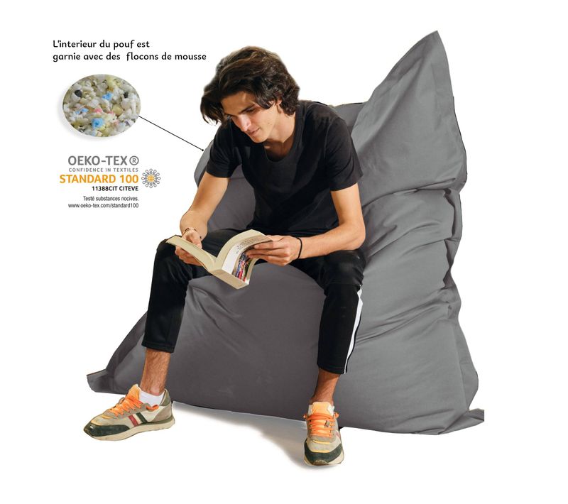 Pouf XXL Intérieur Extérieur Déhoussable En Tissu Gris Galet 140x180cm