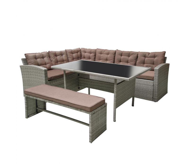 Moorea - Salon De Jardin 8 Places Avec Canapé D'angle En Résine Tressée Grise Et Café