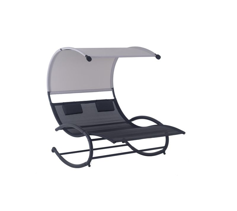 Vaïta - Transat Double à Bascule Avec Auvent Noir et Gris