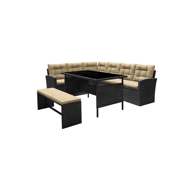 Moorea - Salon De Jardin Modulable 8 Places Avec Canapé D'angle En Résine Tressée Gris Foncé Et Écru