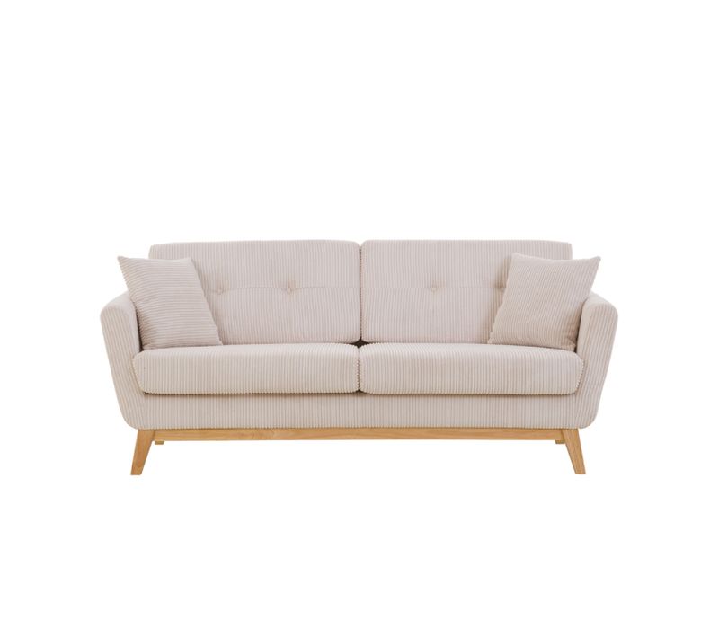 Hoga Velours Côtelé Beige Canapé Scandinave 3 Places + 2 Coussins