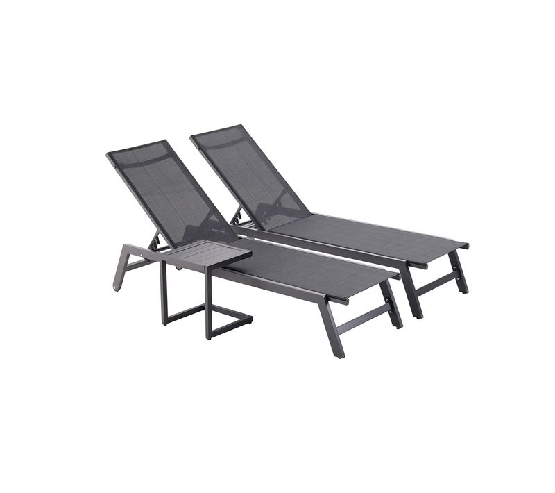 Prato - Lot De 2 Bains De Soleil En Aluminium Gris Foncé Et Noir Avec Table D'appoint