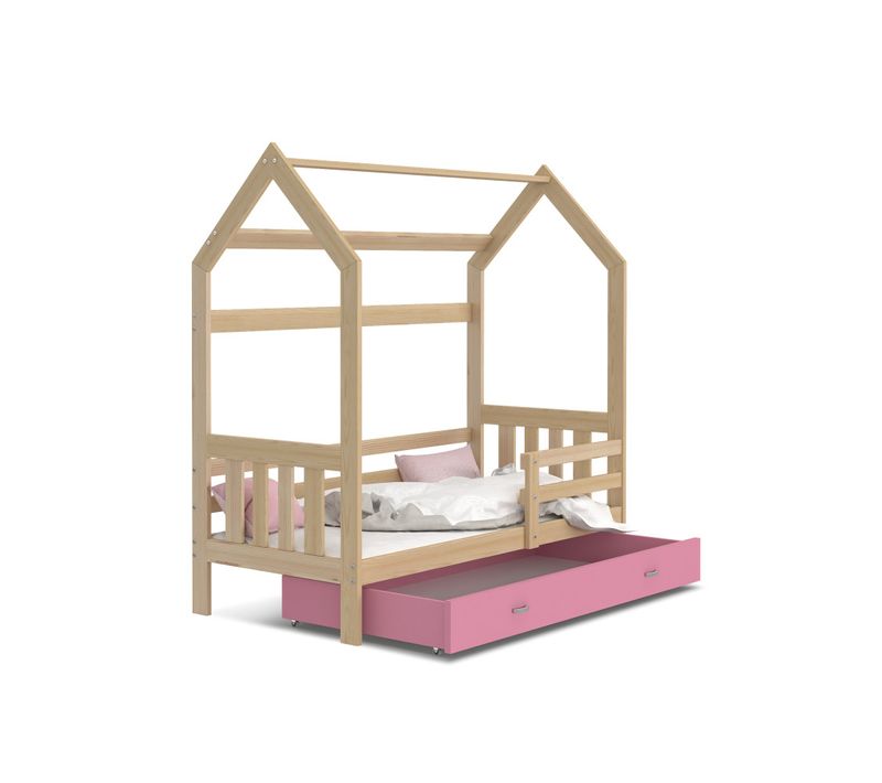 Lit Cabane 2 80x160 Pin - Rose Livré Avec Sommiers, Tiroir Et Matelas En Mousse De 7cm