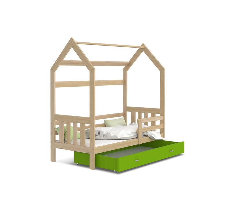 Lit Cabane 2 80x160 Pin - Vert Livré Avec Sommiers, Tiroir Et Matelas En Mousse De 7cm