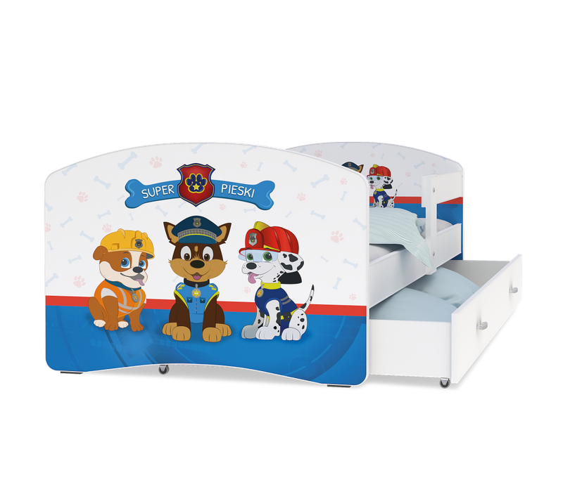 Lit Enfant Happy 80x160 Pat Patrouille Blanc Livré Avec Sommiers, Tiroir Et Matelas En Mousse De 7cm