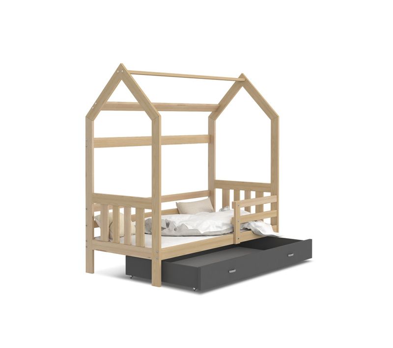 Lit Cabane 2 80x160 Pin - Gris Livré Avec Sommiers, Tiroir Et Matelas En Mousse De 7cm