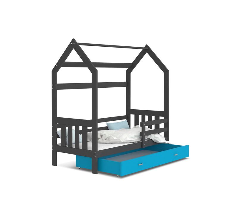 Lit Cabane 2 80x160 Gris - Bleu Livré Avec Sommiers, Tiroir Et Matelas En Mousse De 7cm