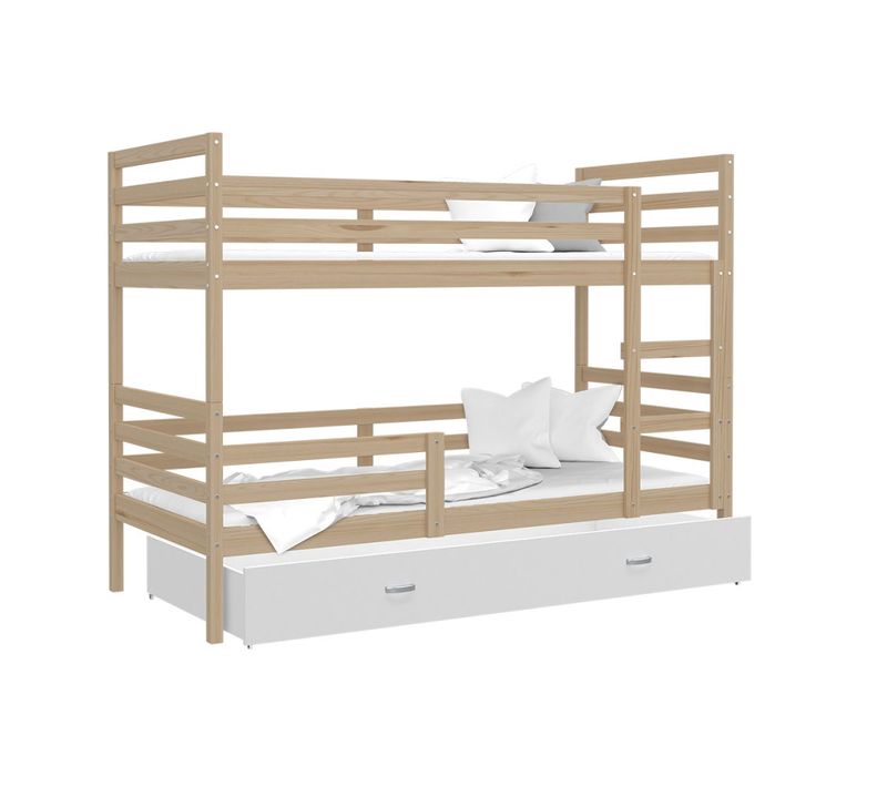 Lit Superposé Milo 90x190 Pin - Blanc Livré Avec Sommiers, Tiroir Et Matelas En Mousse De 7cm