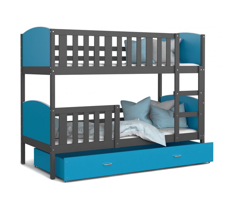 Lit Superposé Tami 90x190  (sans Matelas) Gris - Bleu Livré Avec Le Sommiers Et Tiroir.