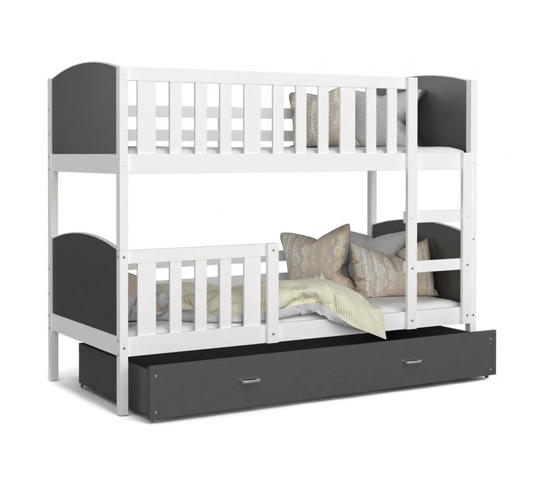 Lit Superposé Tami 90x190  (sans Matelas) Blanc - Gris Livré Avec Le Sommiers Et Tiroir.