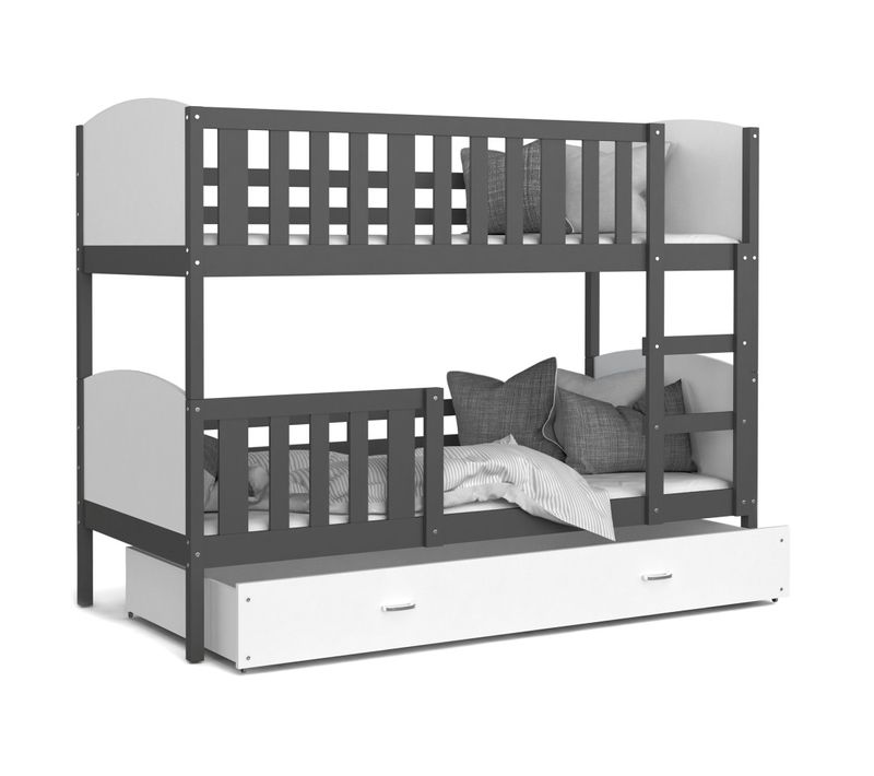 Lit Superposé Tomy 80x160  Gris - Blanc Livré Avec Sommiers Livré Avec Sommiers, Tiroir Et Matelas E