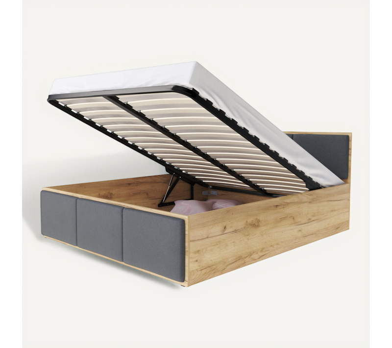 Lit Coffre 160x200 Cm Panama T - Tête De Lit - Coffre 890 L - Sommier Inclus - Chêne - Gris Foncé