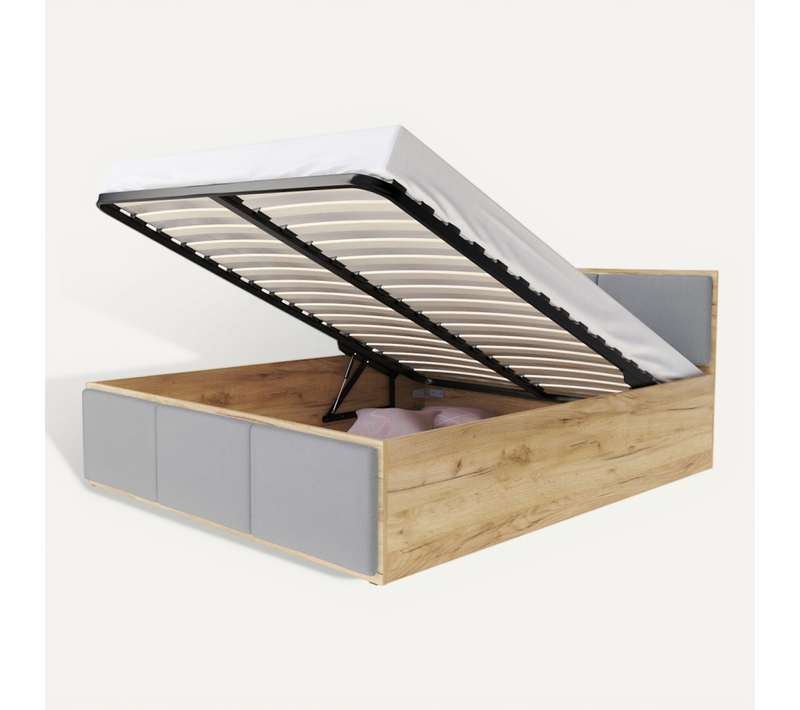 Lit Coffre 160x200 Cm Panama T - Tête De Lit - Coffre 890 L - Sommier Inclus - Chêne - Gris Clair