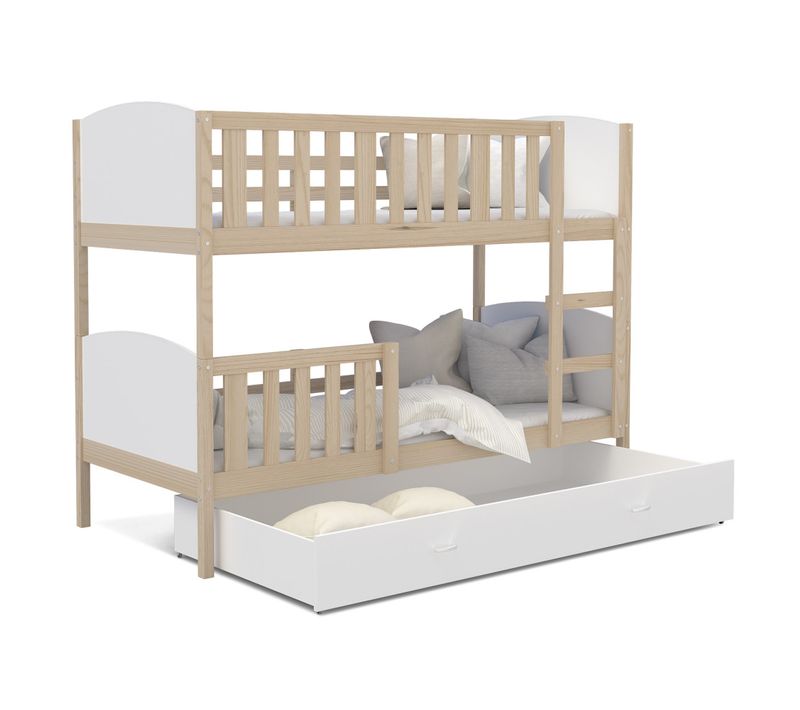 Lit Superposé Tomy 90x190 Pin - Blanc Livré Avec Sommiers, Tiroir Et Matelas En Mousse De 7cm