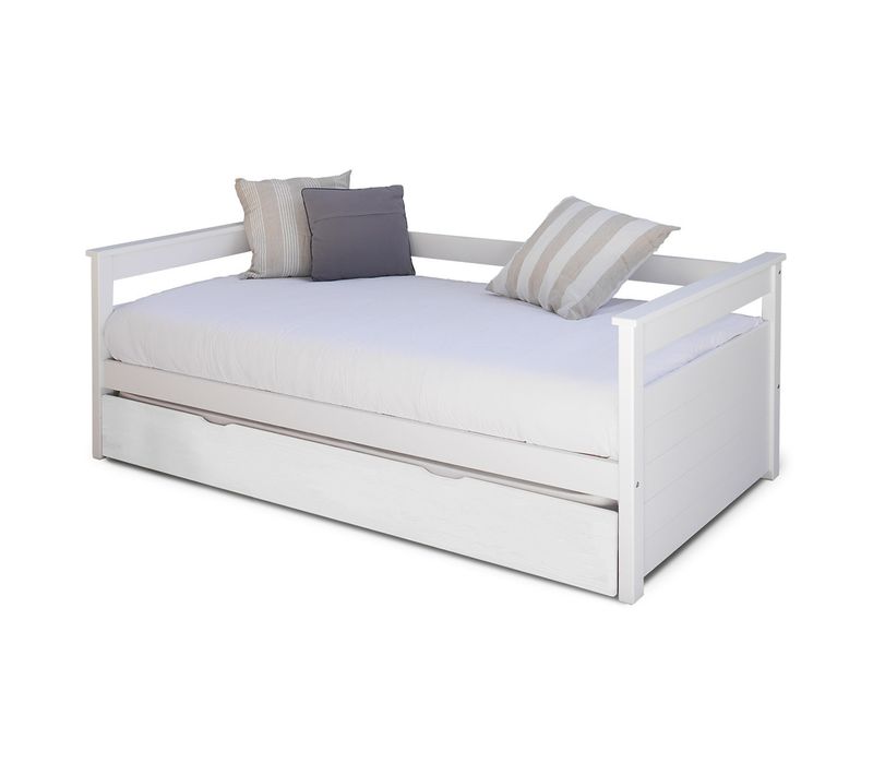 Pack Lit Gigogne Avec 2 Matelas Izao   Blanc Et Bois 80x200 Cm