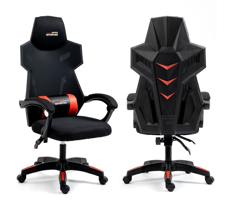Fauteuil Gamer Ou Bureau Ams-209  Tissu Type Mesh - Coloris Noir et Rouge - Coussin Lombaire