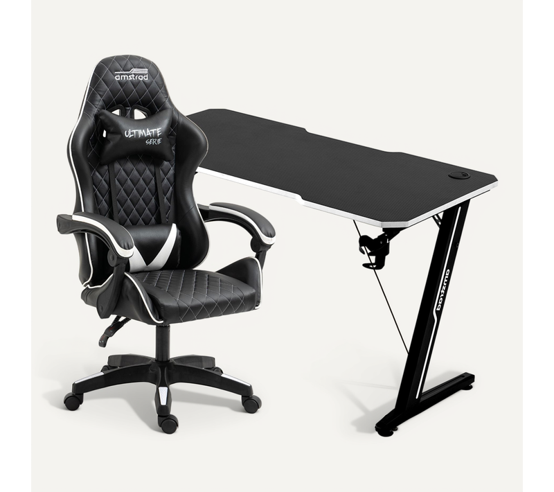 Amstrad Pack Bureau Desk120z-white et Fauteuil Ultimate-bk-ice - Finition Blanche - Largeur 1m20 -…