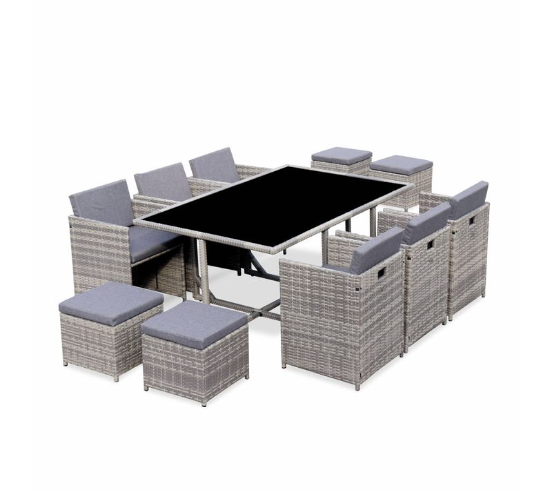 Table De Jardin Encastrable Résine + 10 Assises - Vabo - Coloris Nuances De Gris. Coussins Gris