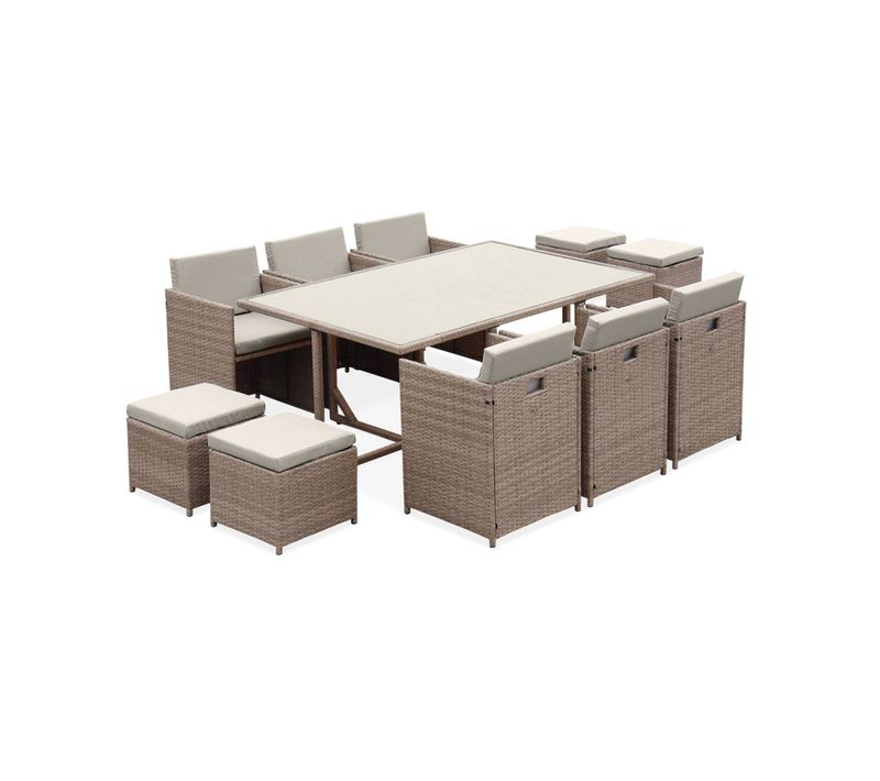 Salon De Jardin 6-10 Places - Vabo - Coloris Beige. Coussins Beige. Table Encastrable.