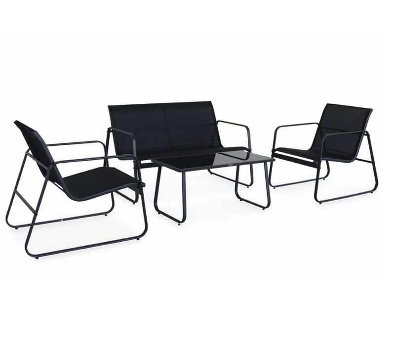 Salon De Jardin En Métal  Et Textilène Pour 4 Personnes. Gris Foncé Et Noir. Design