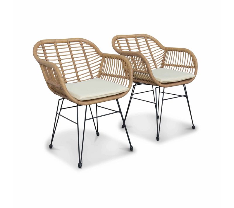 Lot De Deux Fauteuils Effet Rotin- Résine Et Métal Noir. Style Colonial. Assise Beige