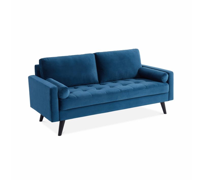 Canapé En Velours Bleu Pétrole. 3 Places Scandinave Fixe. Droit. Pieds Bois Noir