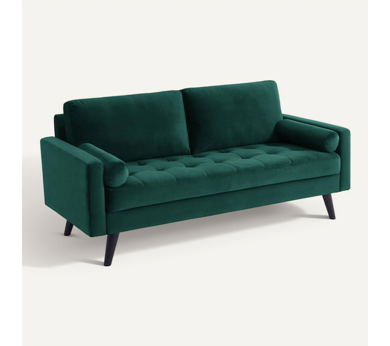 Canapé En Velours Vert Anglais. 3 Places Scandinave Fixe. Droit. Pieds Bois Noir