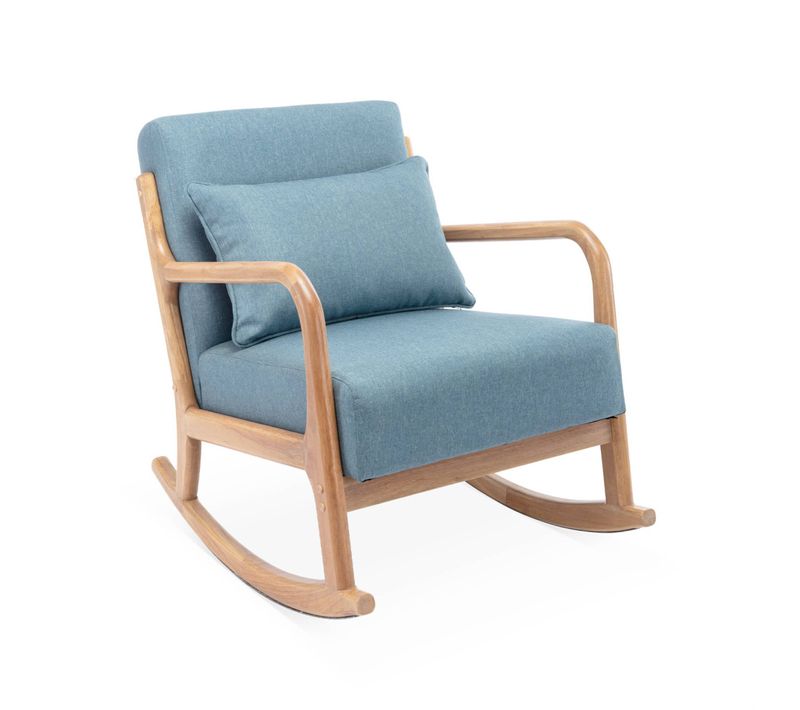 Fauteuil à Bascule Design En Bois Et Tissu. 1 Place. Rocking Chair Scandinave. Bleu