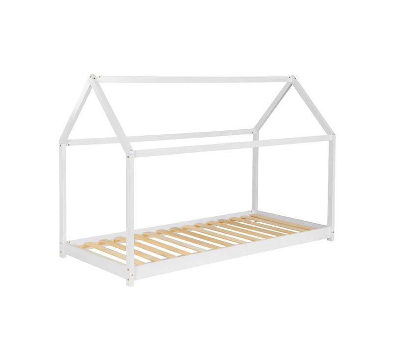 Lit Cabane Montessori. Bois Massif En Pin Naturel Blanc - Tobias - Sommier Inclus. 90 X 190 Cm