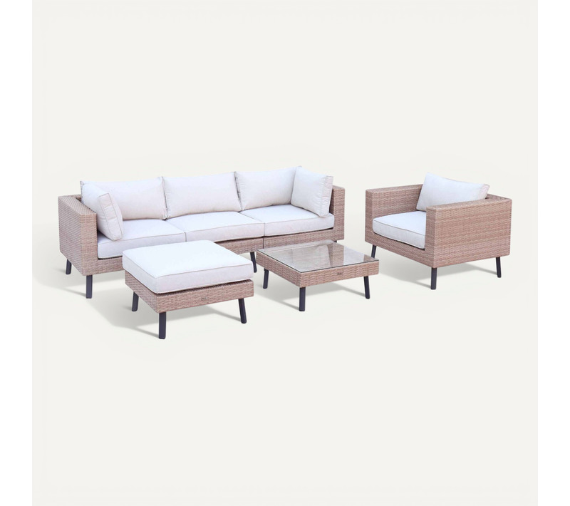 Salon De Jardin 5 Places En Résine Tressée Plate – Alba – Résine Beige Et Coussins Beige