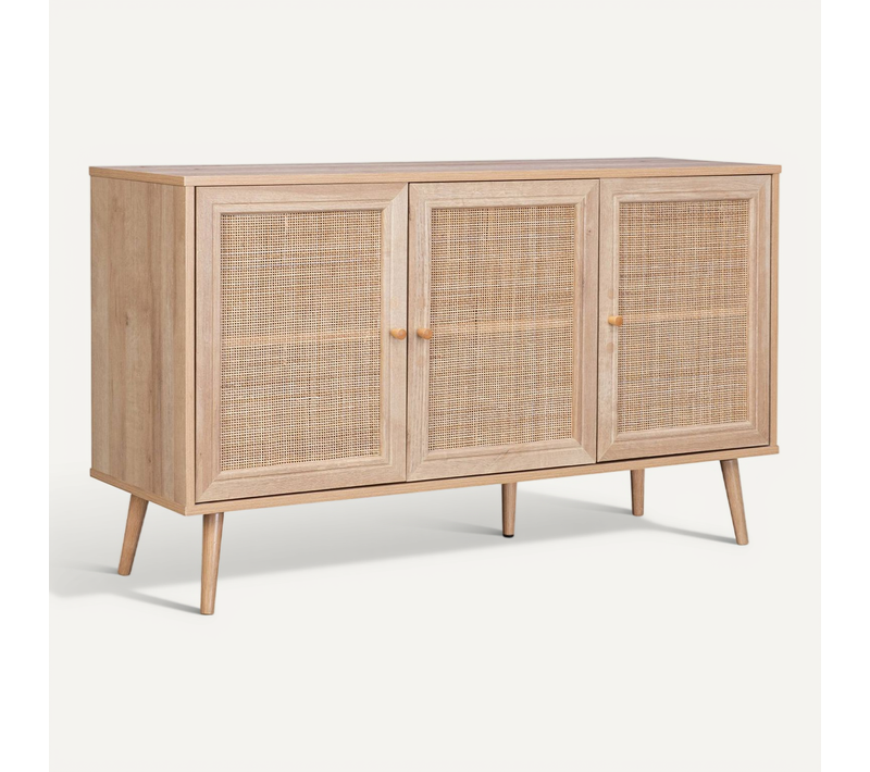 Buffet De Rangement En Cannage 120x39x70cm - Bohème - 2 Niveaux. 3 Portes. Pieds Scandinaves.