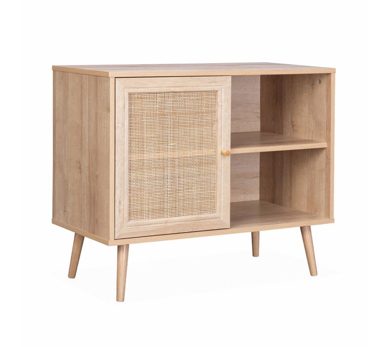 Meuble De Rangement En Cannage 80x39x65.8cm  Bohème - Naturel -  2 Niveaux - 1 Porte -  Pieds