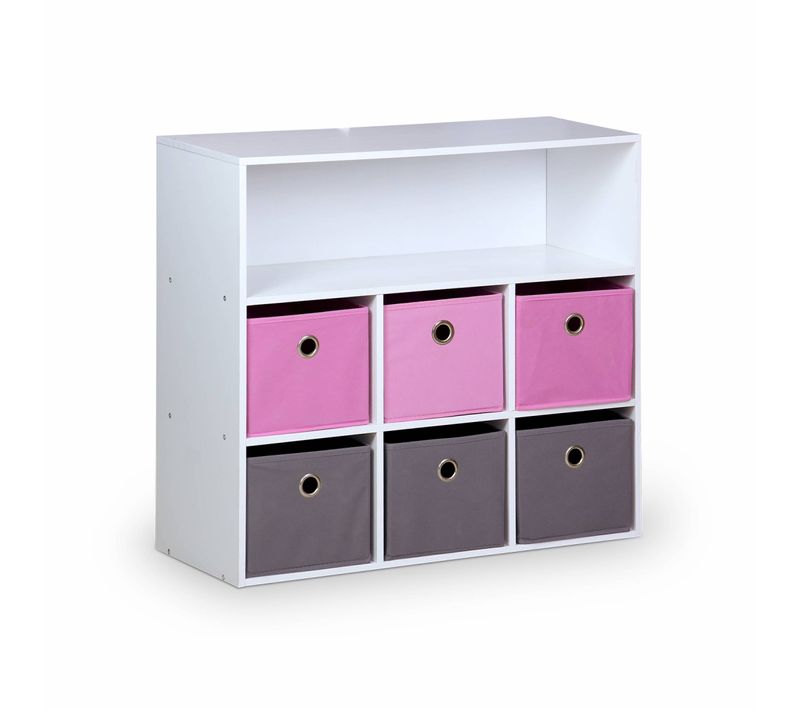 Meuble De Rangement Pour Enfant. Blanc - Camille - Avec 7 Compartiments Et 6 Paniers Gris Et Roses