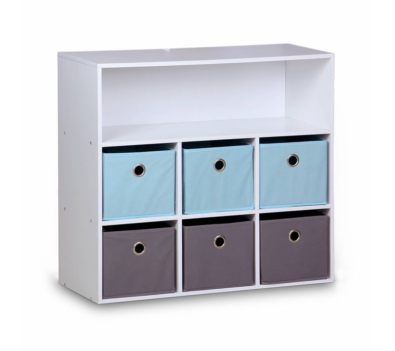 Meuble De Rangement Pour Enfant. Blanc - Camille - Avec 7 Compartiments Et 6 Paniers Gris Et Bleus