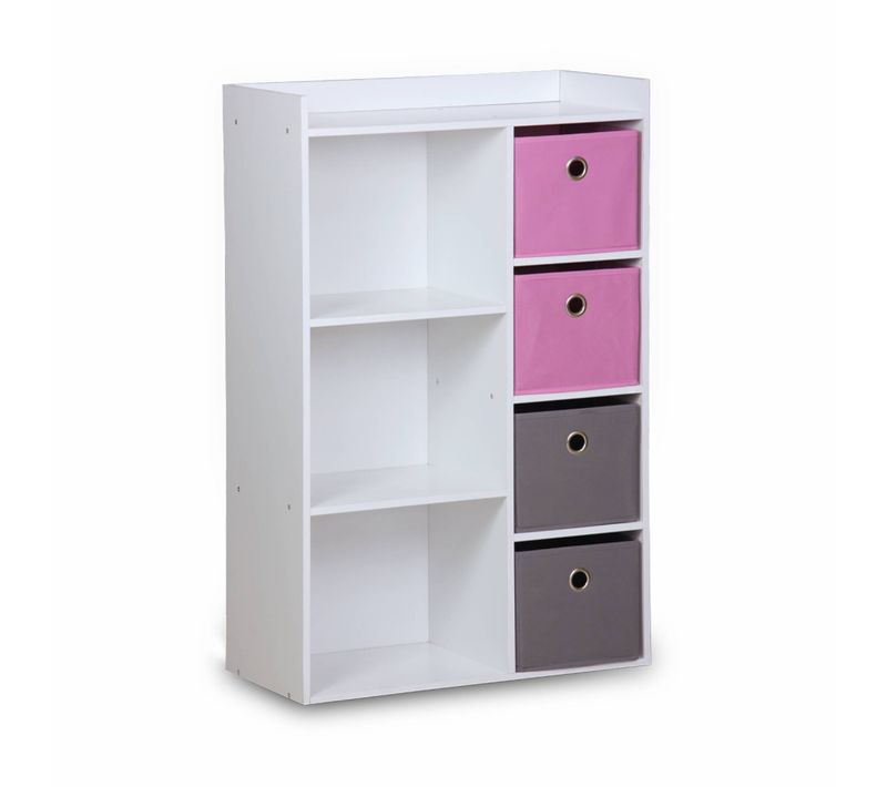 Meuble De Rangement Pour Enfant. Blanc - Camille - Avec 7 Compartiments Et 4 Paniers Gris Et Roses