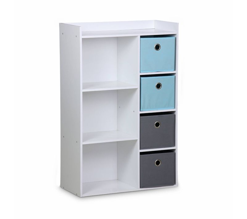 Meuble De Rangement Pour Enfant. Blanc - Camille - Avec 7 Compartiments Et 4 Paniers Gris Et Bleus
