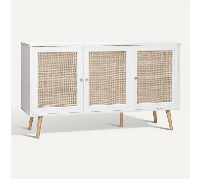 Buffet De Rangement En Cannage. Blanc Cassé 120x39x70cm - Bohème - 2 Niveaux. 3 Portes. Pieds
